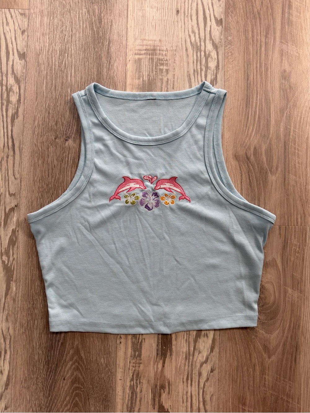 Light Blue Ribbed Crop Tank with Pink Dolphin Embroidery